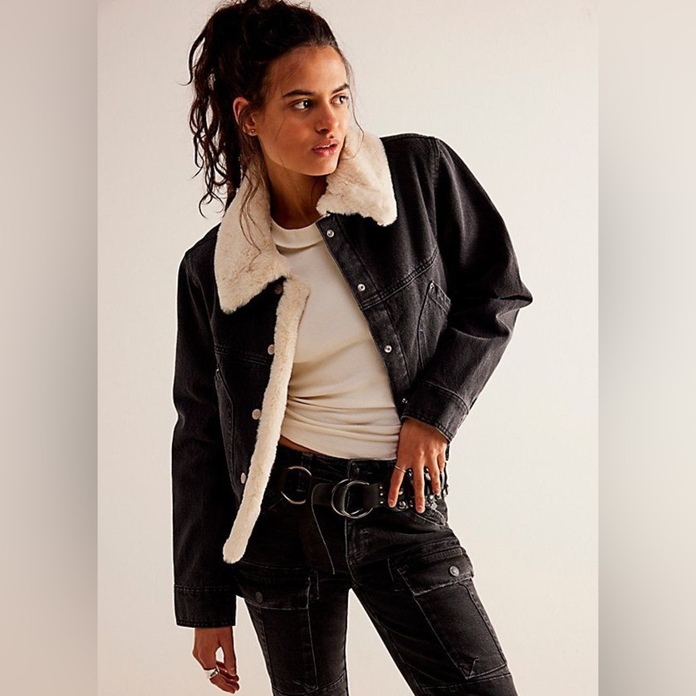We The Free Black Jean Jacket with Cream Sherpa Lining